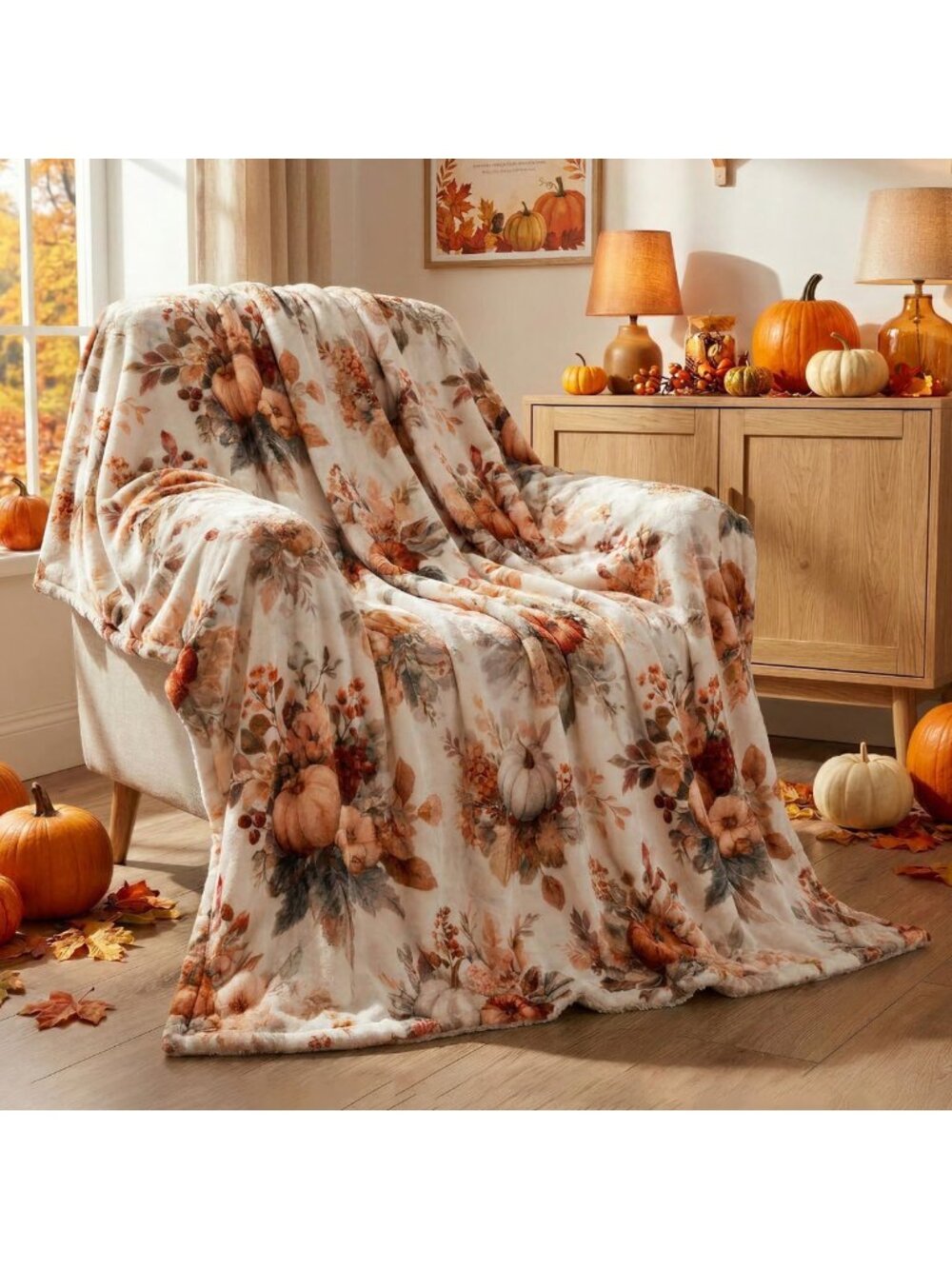 Cozy Fall Pumpkin Throw Blanket 50"x60" - Soft Flannel Sherpa Fleece, Autumn